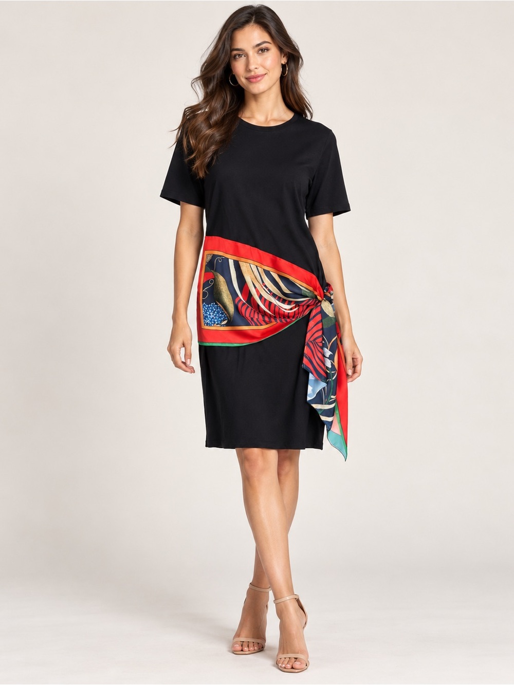 Zara Black Midi Dress with Red Multicolor Scarf Tie